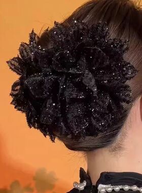 黑色网纱花朵发夹高级新款后脑勺鲨鱼马尾夹子头饰气质头花发卡子