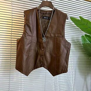 网红同款真皮百搭显瘦V领单排扣马甲短款无袖宽松绵羊皮女款坎肩