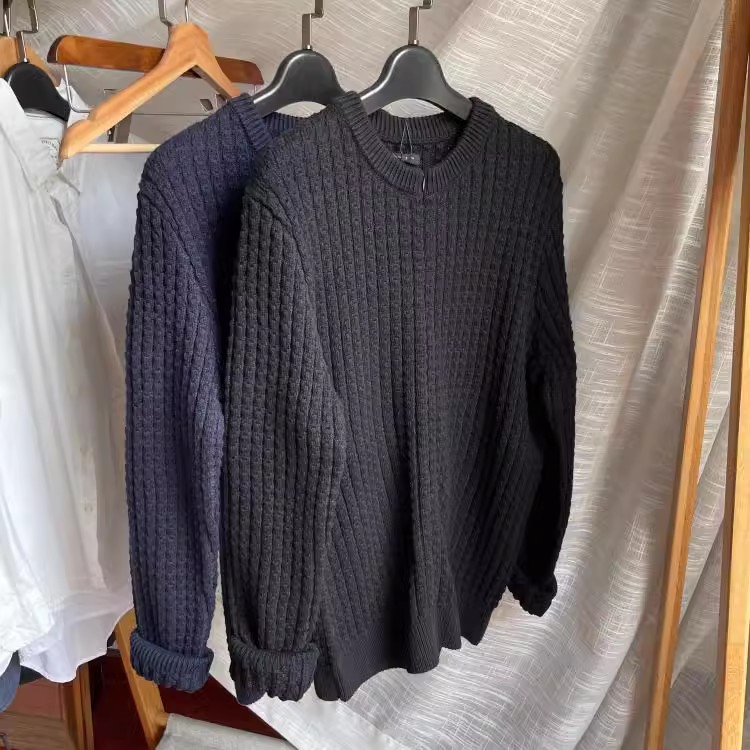 天衣无缝！硬货！纯棉厚款冬季男式针织开衫毛衣纯色圆领打底外套