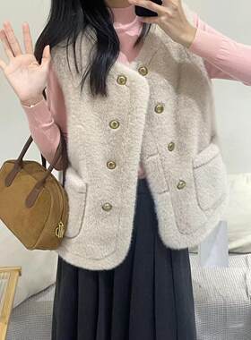 小香风双排扣马甲外套女秋冬仿水貂绒毛衣开衫加厚保暖皮草上衣
