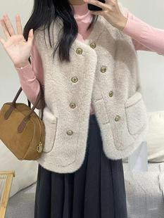 小香风双排扣马甲外套女秋冬仿水貂绒毛衣开衫加厚保暖皮草上衣