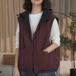 宽松大版 新款 欧货连帽轻薄夹棉马甲女2023年秋冬季 显瘦 双面穿