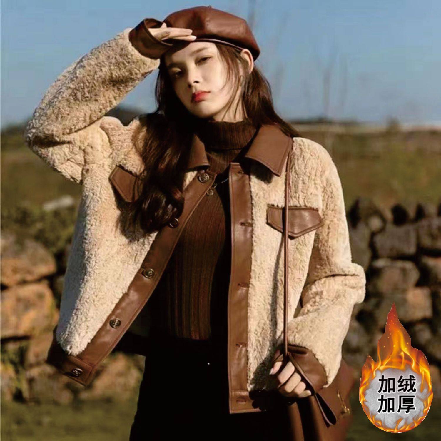 2023年新款秋冬季加厚保暖皮毛一体复古夹克小香风仿羊羔毛外套女,女装/女士精品,毛衣,淘宝优惠券,粉丝福利购,淘宝优惠卷