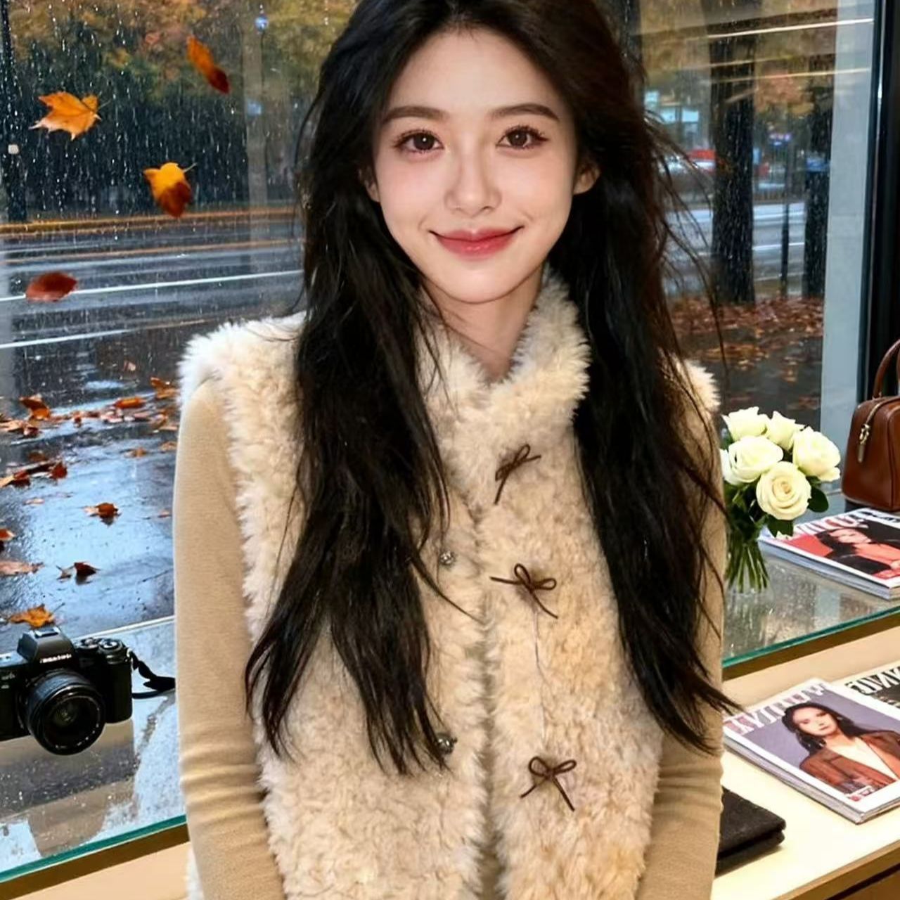 秋冬环保仿羊羔新款皮草马甲毛毛坎肩托斯卡纳学院外套无领上衣女