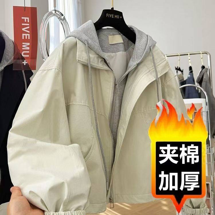连帽卫衣拼接假两件短款外套女2025春秋新款韩系风衣休闲夹克上衣,女装/女士精品,短外套,淘宝优惠券,粉丝福利购,淘宝优惠卷