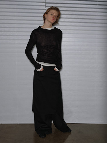 rareraw/叠穿褶皱不对称羊毛打底衫女百搭长袖打底T恤