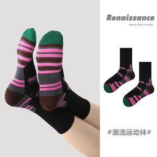 Renaissance运动袜女士撞色潮袜吸汗防臭透气长筒袜毛巾底跑步袜