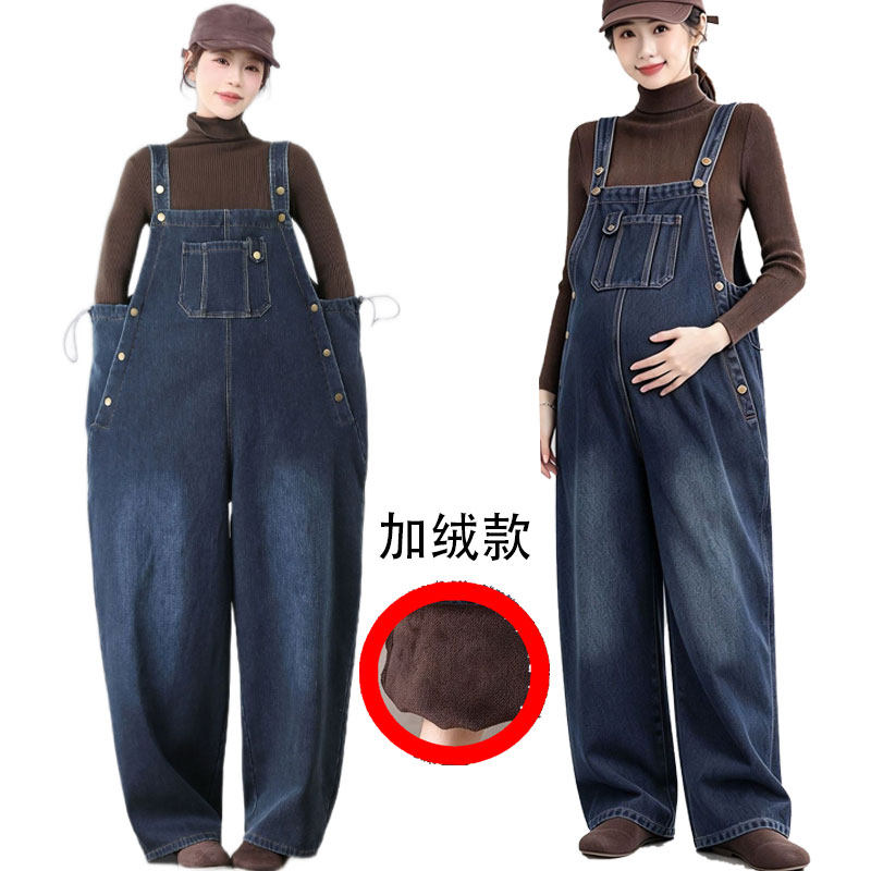 腰围可调节秋冬加绒孕妇牛仔背裤