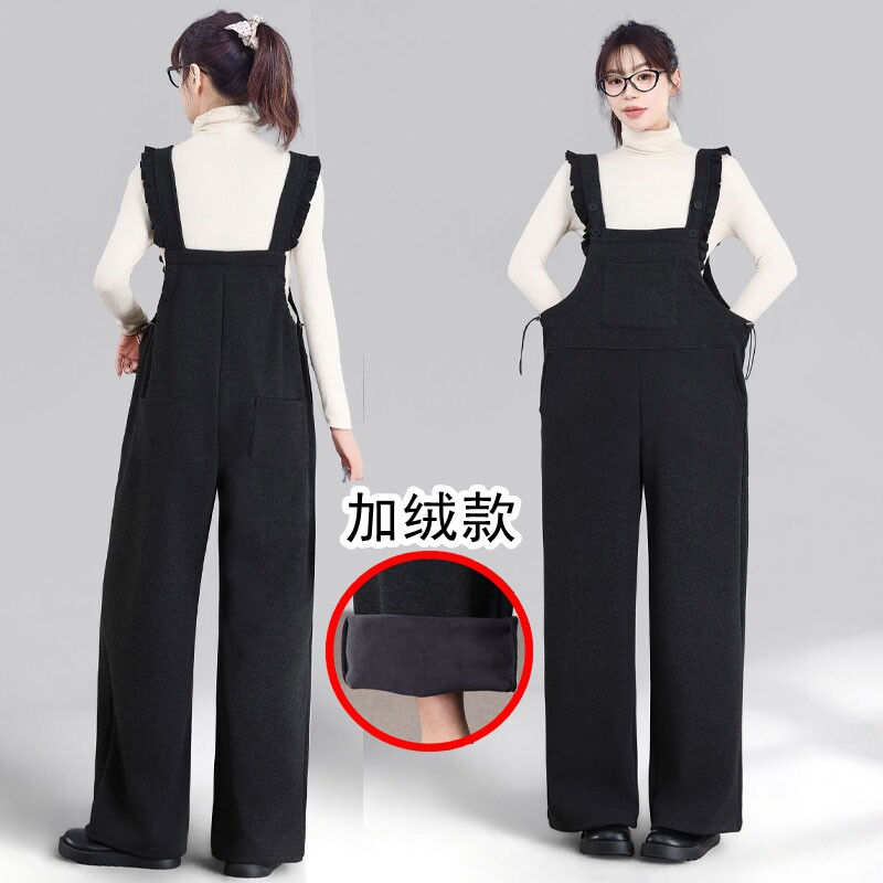 孕妇冬季加绒加厚背带阔腿裤