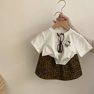 韩版可爱女童卡通猫咪短袖2025夏季新款百搭潮流豹纹短裙两件套潮