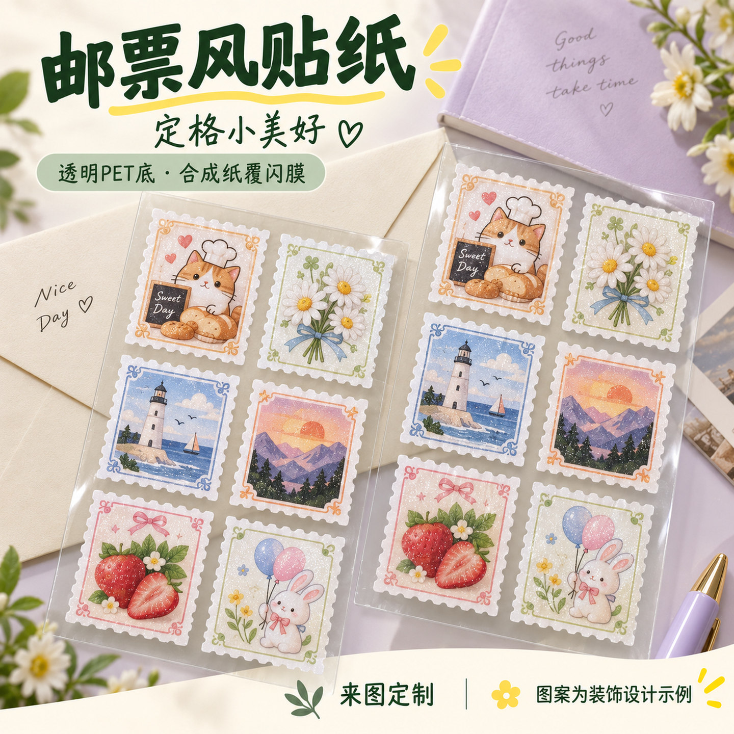 邮票贴纸定制透明闪砂膜满天星旅游照片自制卡通贴纸异形无料物料