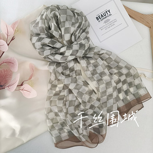 时尚格子丝巾妈妈款母亲节礼物薄长条防晒小领巾新款韩版乔琪纱巾