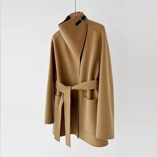 2025冬新款 高级感气质外套 绵羊毛双面呢斗篷大衣女系带收腰中长款