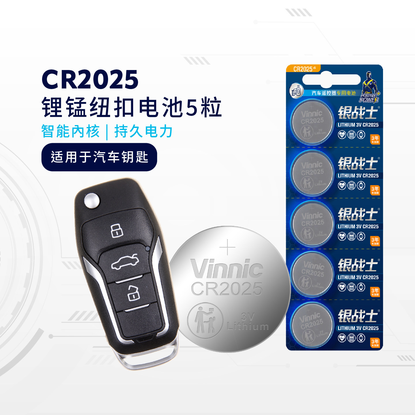 1板5粒cr2025/cr1025vinnic纽扣电池3V电池适用电子主板奔驰大众日产汽车钥匙电子称体重秤汽车钥匙遥控通用