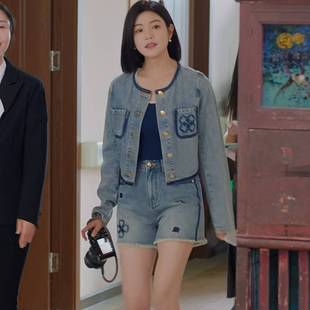 欧洲狙击蝴蝶陈妍希岑矜同款牛仔外套圆领夹克上衣短裤女衣服潮