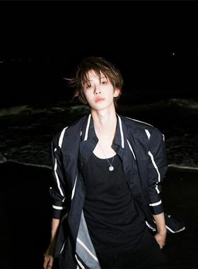 欧洲刘宇同款黑色外搭线条长袖衬衫简约休闲宽松衬衣外套百搭开衫