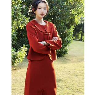 欧洲短剧十八岁太奶奶驾到4李柯以容遇同款红色毛呢外套半身裙女