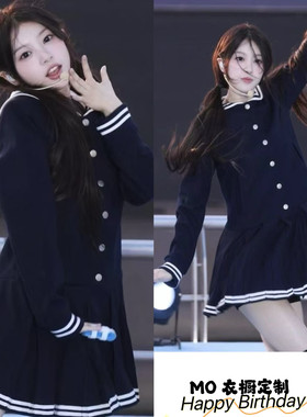 欧洲illit萌境花moka同款藏蓝色学院海风百褶连衣裙女2025新款收