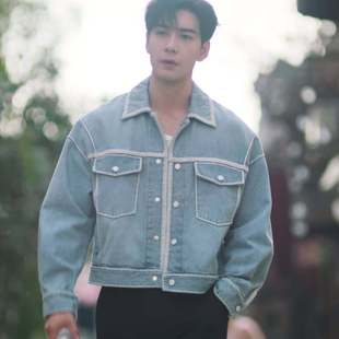 原版轧戏陈星旭肖稚宇同款牛仔外套春秋翻领拼接夹克上衣男衣服潮