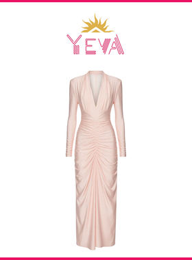 欧洲YEVA 粉色绉纱长袖褶皱洋装2026春季新款高级感气质优雅长裙