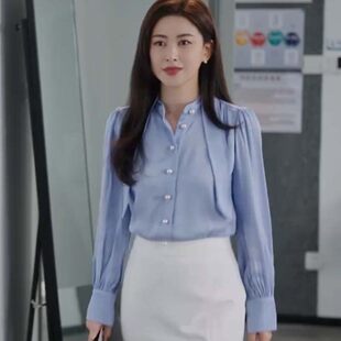 原版许密语纪朱珠同款衣服2026春夏款高级感蓝色珍珠扣长袖立领衬