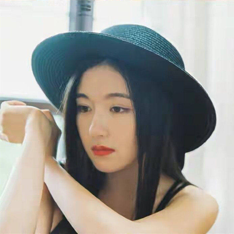 原版李兰迪同款帽子夏季黑色气质百搭休闲平顶大帽簷防晒遮阳草帽