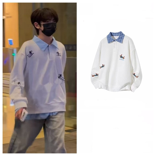 Pol 潮翻领长袖 欧洲TF家族4代陈浚铭同款 情侣风刺绣卫衣重磅体恤衫