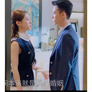 原版港城有信胡连馨许晚信同款拼接洋装显瘦假两件百褶小香风洋装