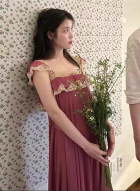 原版iu李知恩易梦玲同款荷叶边紫色吊带连衣裙女夏季法式性感露背