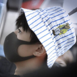 原版（小清新条纹）tfboys王俊凯同款帽子白色小熊刺绣盆帽可爱渔