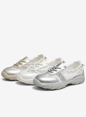 百思图2025秋季新款银色网纱厚底芭蕾德训鞋运动女休闲鞋D3355CM5