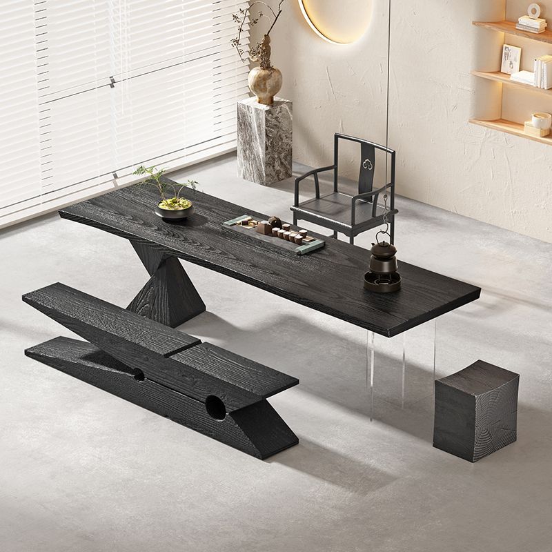 侘寂风实木桌椅组合茶室办公室亚克力茶台碳化黑色泡茶接待室茶桌