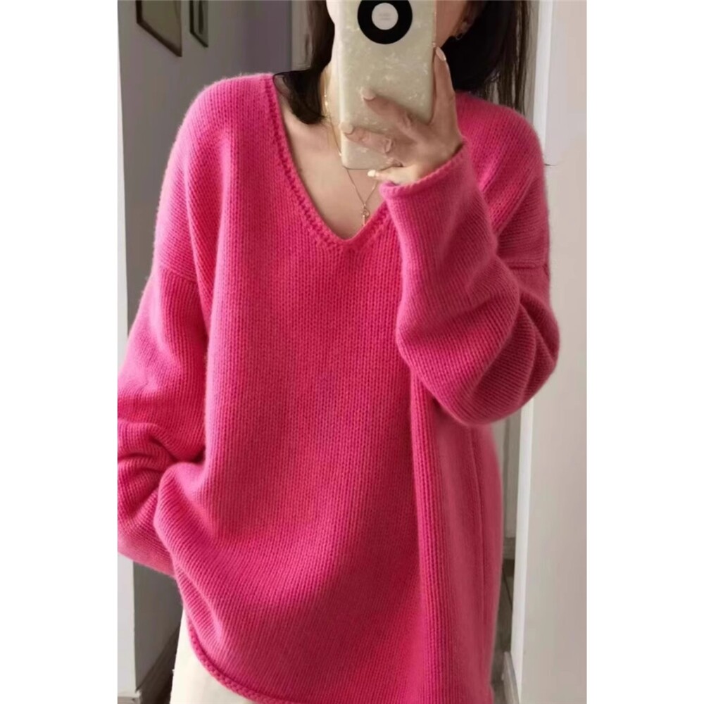 秋冬季新款慵懒风中长款V领纯色针织女款毛衣潮