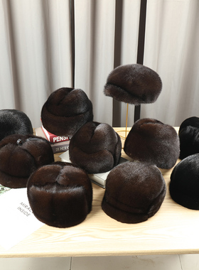 水貂毛帽子男士中老年棉帽秋冬季户外保暖整貂水貂皮真毛皮草貂帽