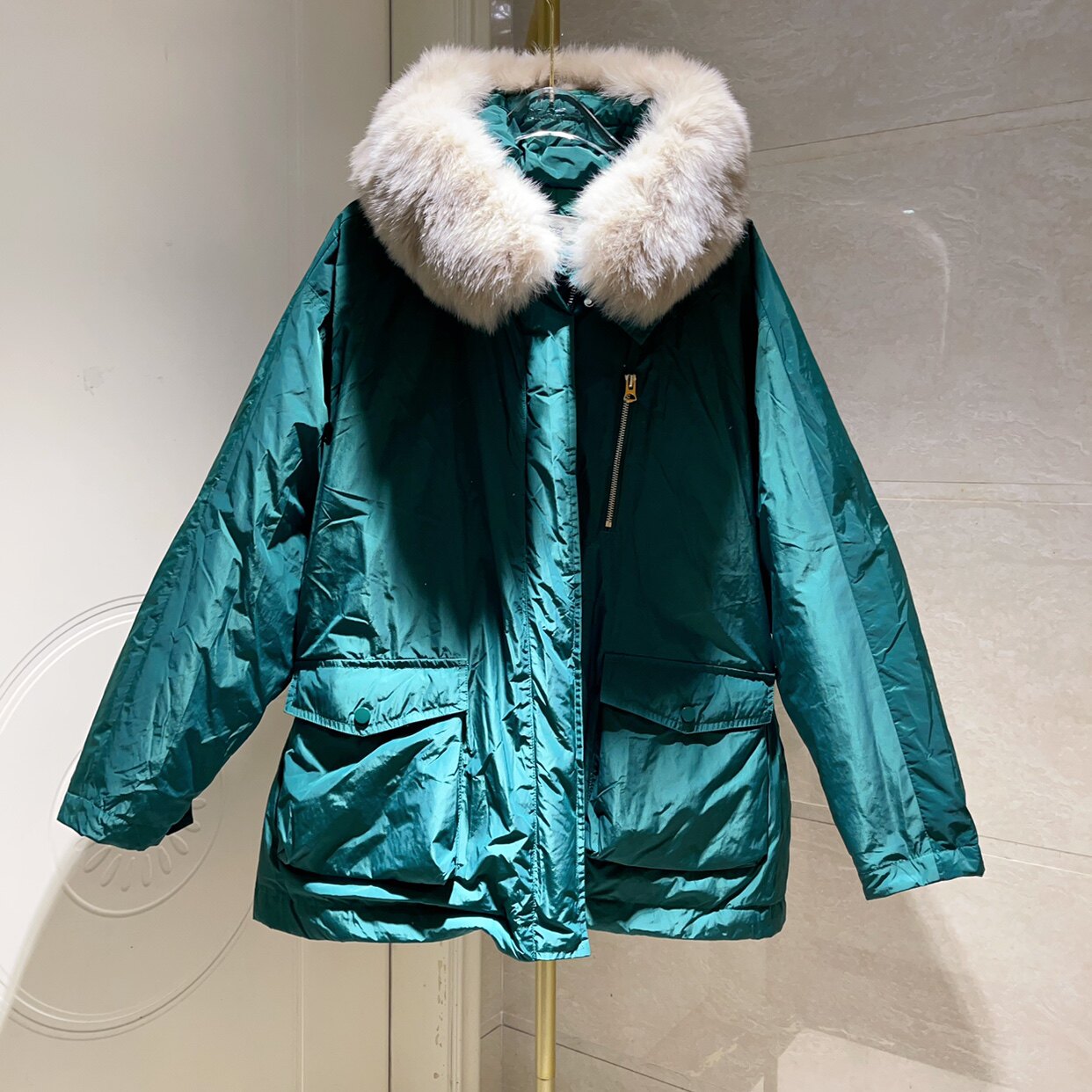 欧洲站cici&coco女装大狐狸毛领羽绒服外套收腰显瘦连帽中长款潮