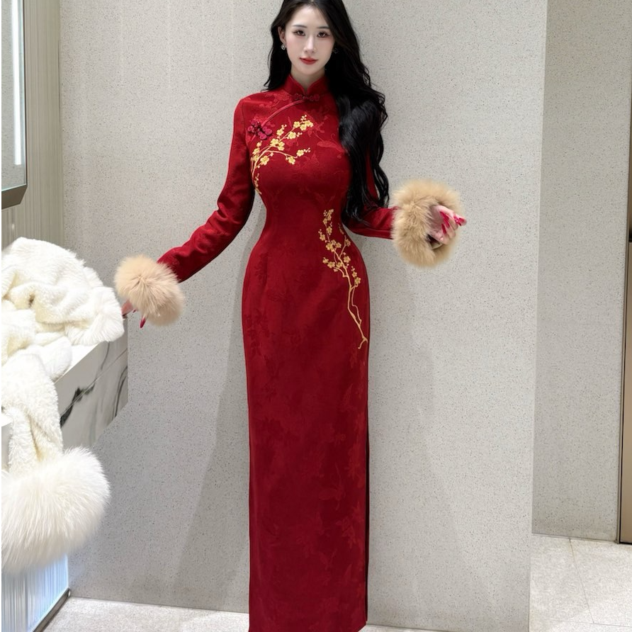 画报夫人原创新中式高级刺绣梅花过年红旗袍 金梅报喜长袖