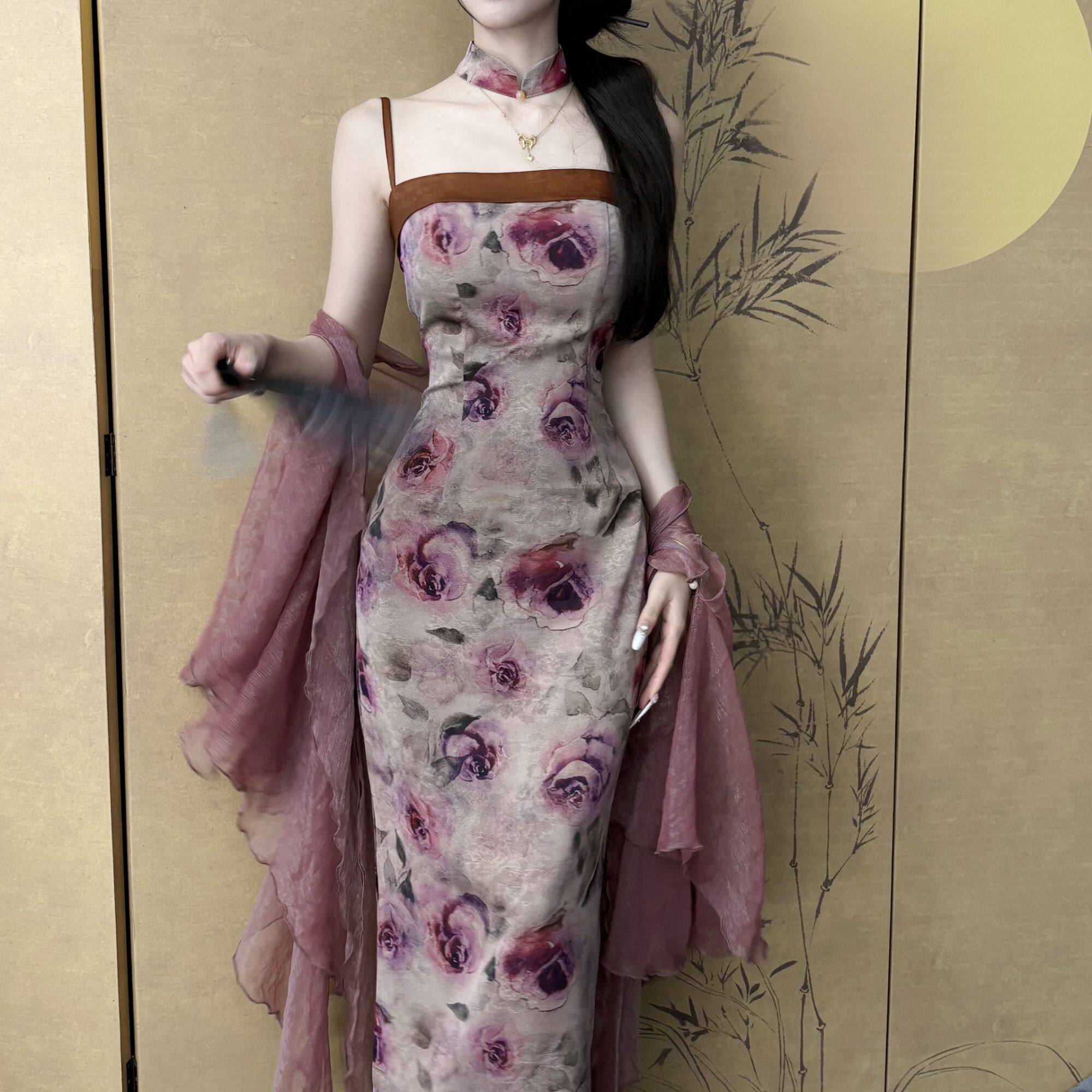 画报夫人原创自制新中式女装改良版夏季旗袍 吊带紫晕玫瑰