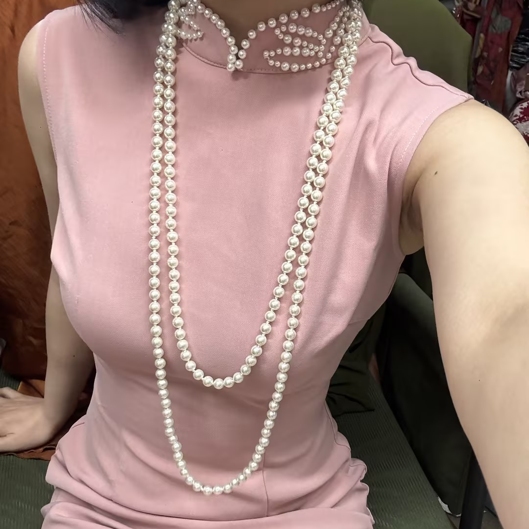 画报夫人原创自制手工钉珠温柔粉色旗袍 人鱼珍珠