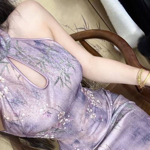 画报夫人原创自制高级烫金挖肩旗袍连衣裙  椿香草