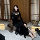 画报夫人原创新中式 复古蕾丝拼接旗袍黑色丝绒拿破仑 秋冬气质厚款