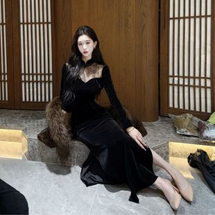 画报夫人原创新中式 复古蕾丝拼接旗袍黑色丝绒拿破仑 秋冬气质厚款