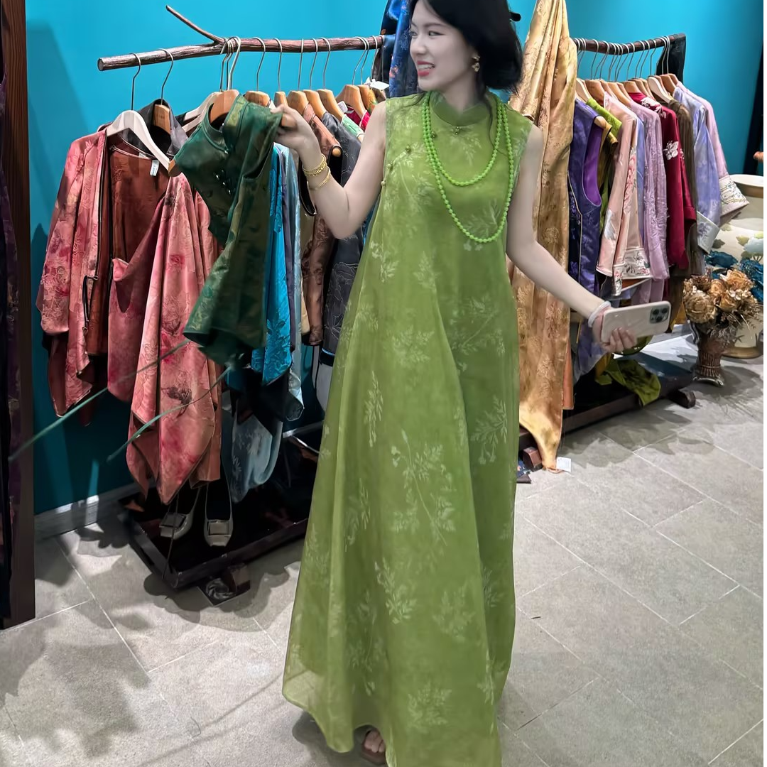 LHMknk1画报夫人原创自制禅意国风欧根纱宽松慵懒版连衣裙 绿胚香