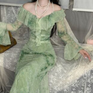 画报夫人原创自制温柔氛围感鱼尾植绒连衣裙  绿露扶苏