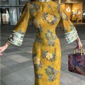 LHMknk1画报夫人原创自制秋冬厚款 针织提花刺绣夜未央倒大袖 旗袍