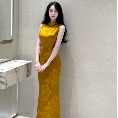 LHMknk1画报夫人新中式国风旗袍重磅港工无袖提花连衣裙 黄金万两