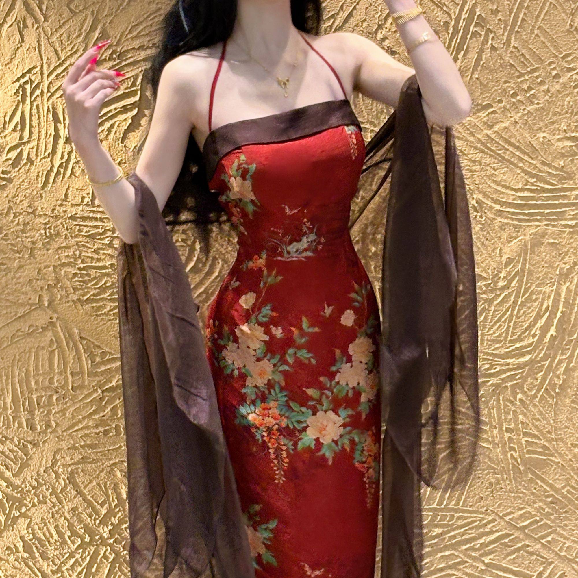 画报夫人原创自制中式风情新式旗袍吊带连衣裙 岚红单吊带