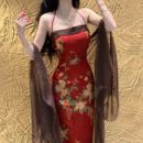 画报夫人原创自制中式 岚红单吊带 风情新式 旗袍吊带连衣裙