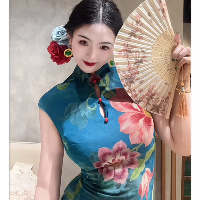 LHMknk1画报夫人原创国风弹力网纱性感明媚旗袍定位花 明媚花蓝