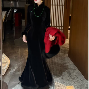 画报夫人原创重工丝绒兔毛鱼尾步步生莲新式 忘川迷雾 旗袍