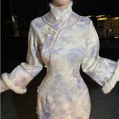 画报夫人原创自制厚款 针织水貂秋冬旗袍 白羽紫花旗袍